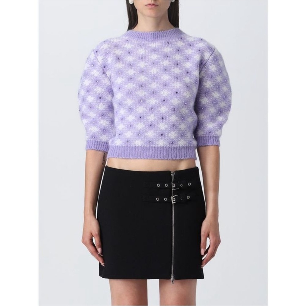 Alessandra Rich Lilac Lavender Jacquard Rhinestone Embellished Sweater